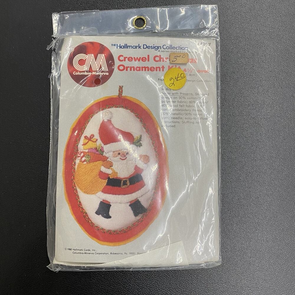 Vintage Columbia Minerva Santa w/ Presents Crewel Christmas Ornament Kit